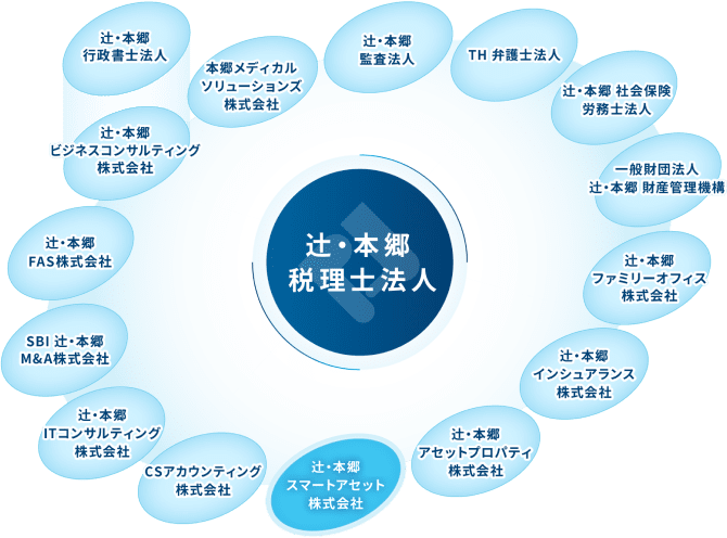 辻󠄀󠄀本郷税理士法人を表した図。中央に辻󠄀󠄀本郷税理士法人という文字があり、それを囲むようにグループ会社の名前が連なっている。